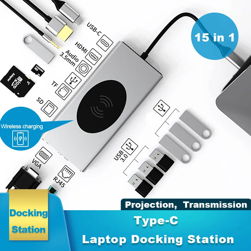 

15 in 1 USB C Hub to HDMI compatible Rj45 100M PD VGA SD TF Card Audio USB 3.0 Wireless charger Multiport Adapter USB C Dock St