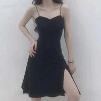 pleated and forked sexy suspender dress womens new style waist closing middle and long style shows thin and small black skirt