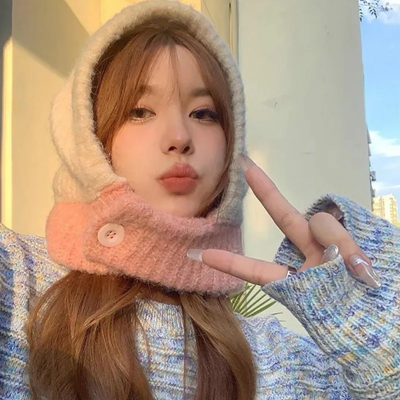 

Winter Hats Integrated Hat and Neck Cold Proof Warm Knit Cap Warm Knitted Funny Pullover Ear Protection Beanie Hats Women