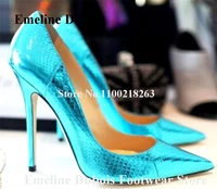 turquoise snakeskin pumps pointed toe pattern leather stiletto heel shoes shallow slip on 8cm 10cm 12cm high heels big size