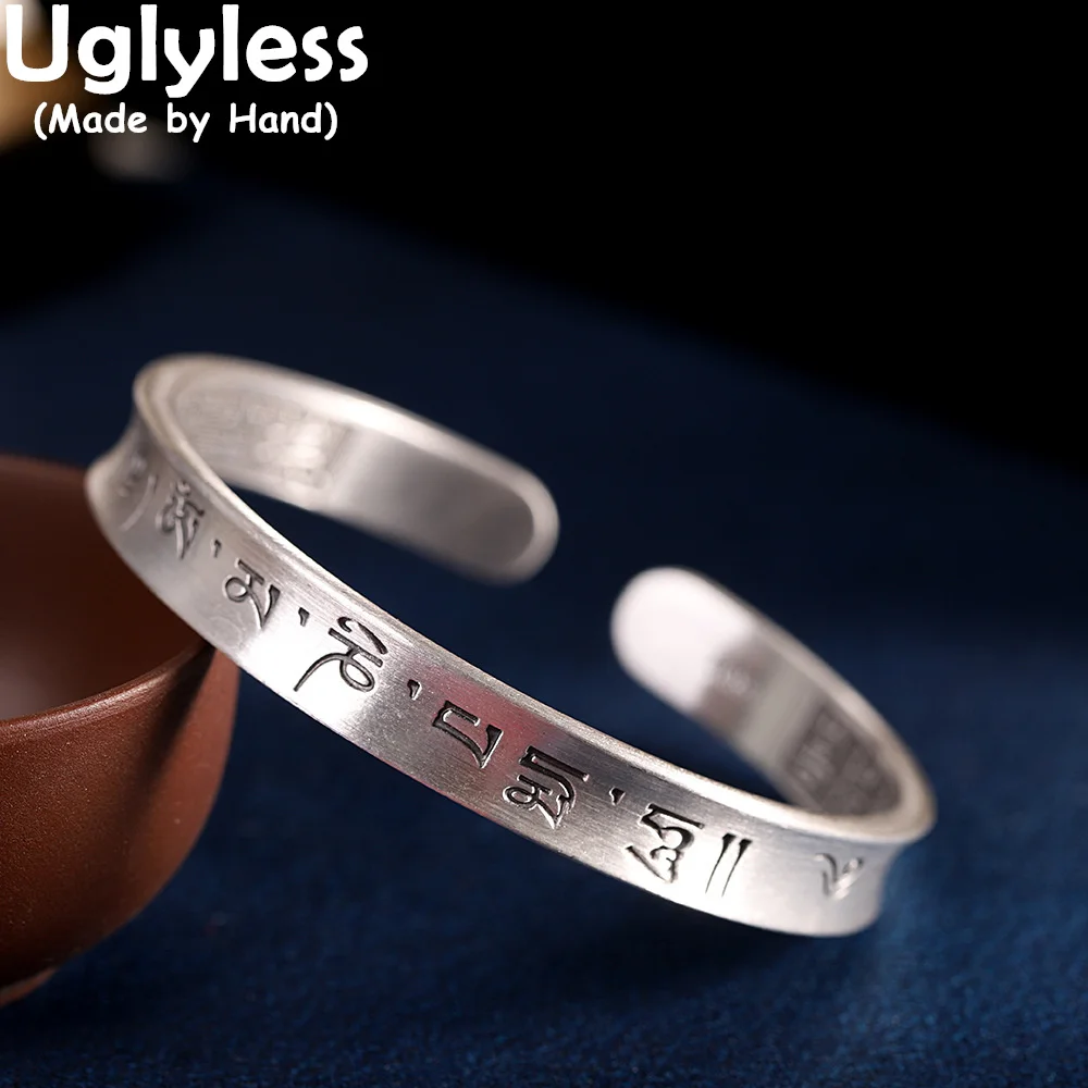 

Uglyless Double-side Carved Buddhistic Bangles for Female Buddhists Real 999 Pure Silver Bangles 6-word Mantra Heart Sutra Jewel