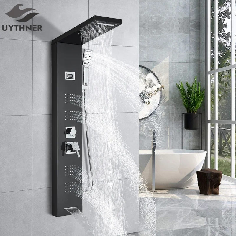 

Black Bathroom Shower Faucet Rainfall Shower Panel Set Bathtub Mixer Tap With Hand Shower Temperature Screen Massage System