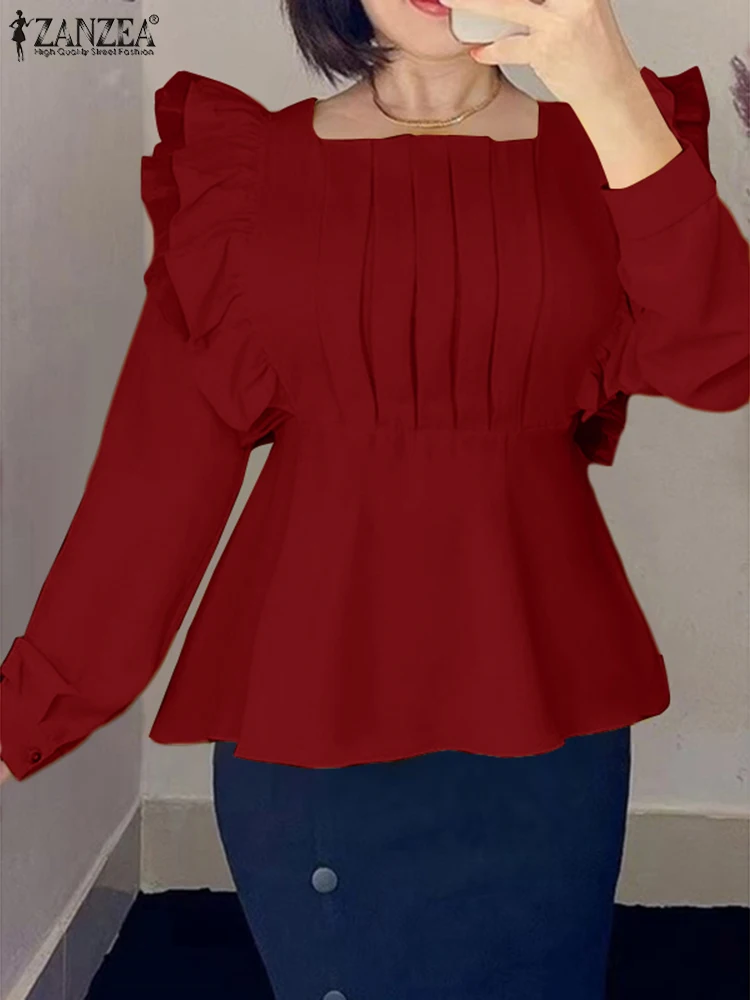 

Oversized ZANZEA Long Sleeve Tops 2022 Spring Ruffle Solid Blouse Women's Elegant Pleated A Line Shirts OL Fashion Party Blusas