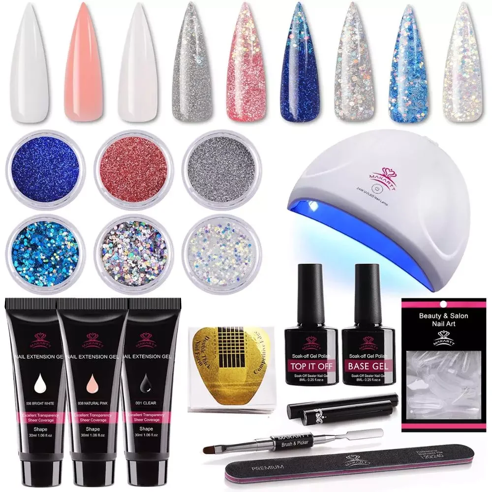 

NEW2023 16pcs Nail Extension Gel Nail Gel Starter Kit with Glitter Powders Nail Glitter Gel with Nail Dryer LED UV Lamp