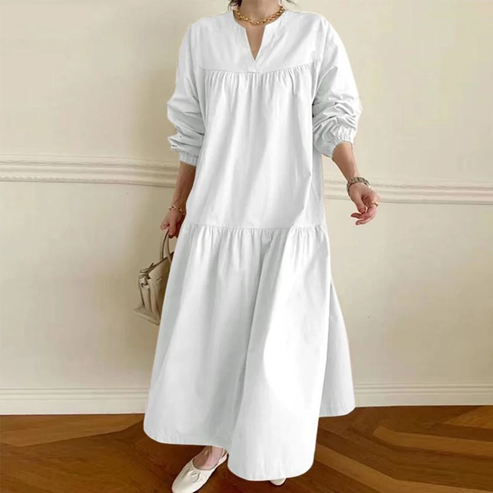 

Women's Dresses Spring New Fashion White Loose Long Sleeve Pleated Patchwork Round Neck Pullover Elegant Chic Ladies Dress Trend