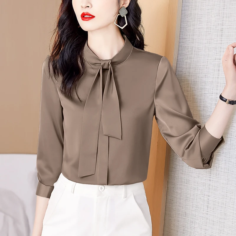 

Simple Satin Women's Blouse Elegant Female Clothes Casual Solid Color Tops Fashion Office Lady Long Sleeve Shirts with Bow 24483