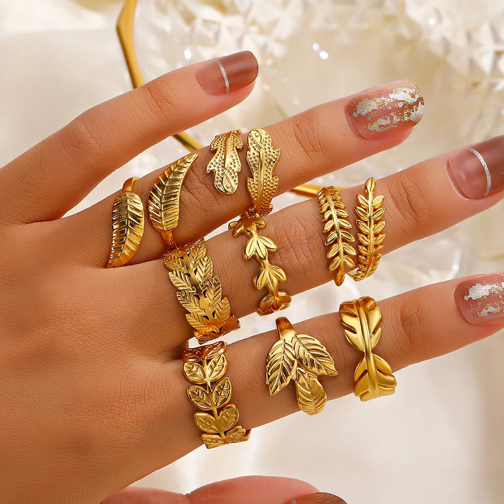 

Stainless Steel Leaves Rings for Women Vintage Fashion Gold Color Open Adjustable Ring Female Finger Jewelry Decoration Gifts