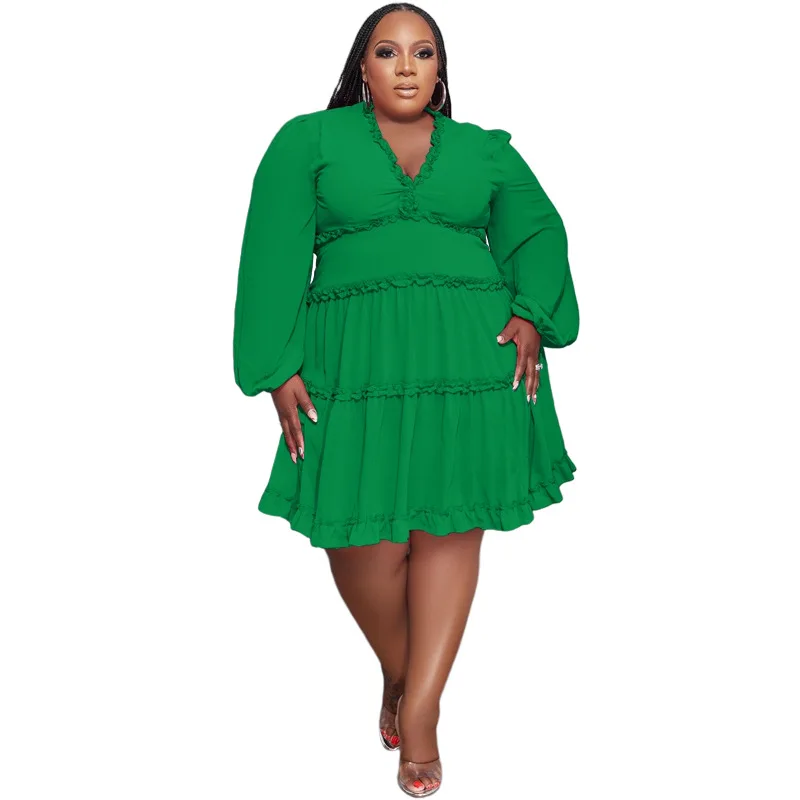 V-neck Solid Color Mini Dress Plus Size Women's Autumn Long Sleeve 2022 Elegant Ruffle Hem A-line Skirt Wholesale Dropshipping