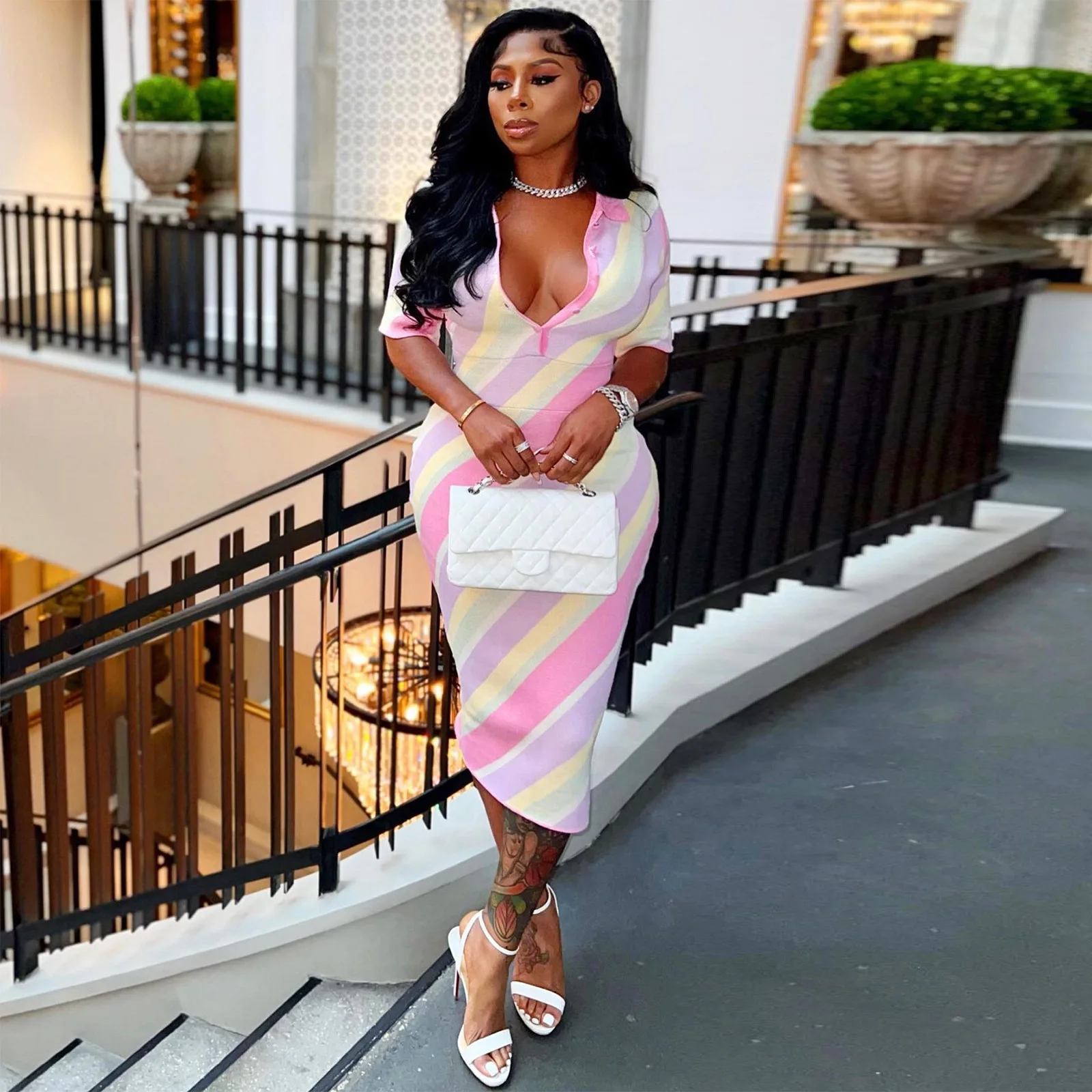 

European And American Summer Fashion Sexy Lapel Button Short Sleeve Color Stripe Women's Hip Wrap Dress