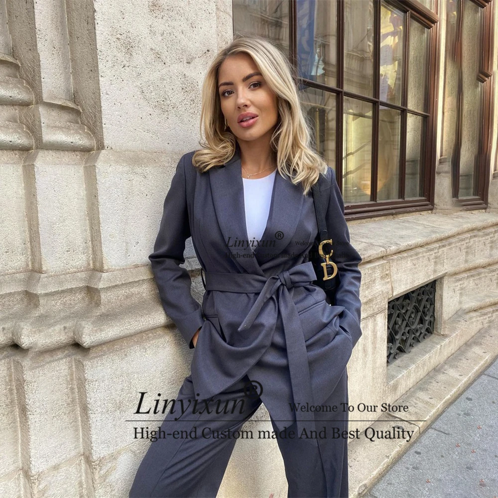 

Повседневные темно-серые женские костюмы, Модный женский деловой Блейзер, облегающий женский костюм для банкета вечерние, выпускного вечера, комплекты из 2 предметов (пиджак + брюки)