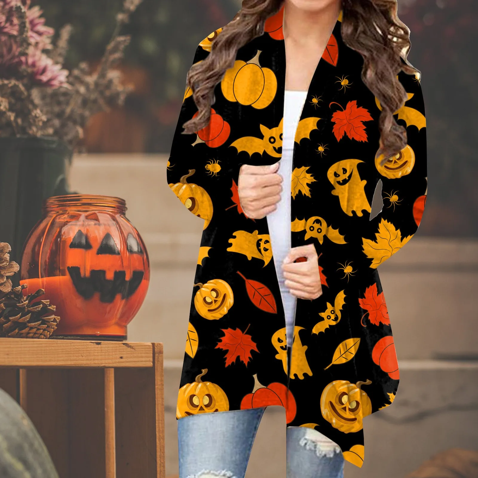 Женский Повседневный Кардиган на Хэллоуин с рисунком тыквы
