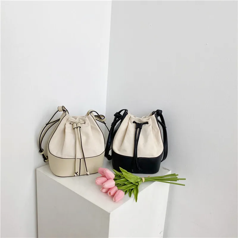 Bag Women Shoulder Bag Summer New Korean Fashion Diagonal Bag Personalized Stitching Canvas Portable Bucket Bag New Fashion Gift