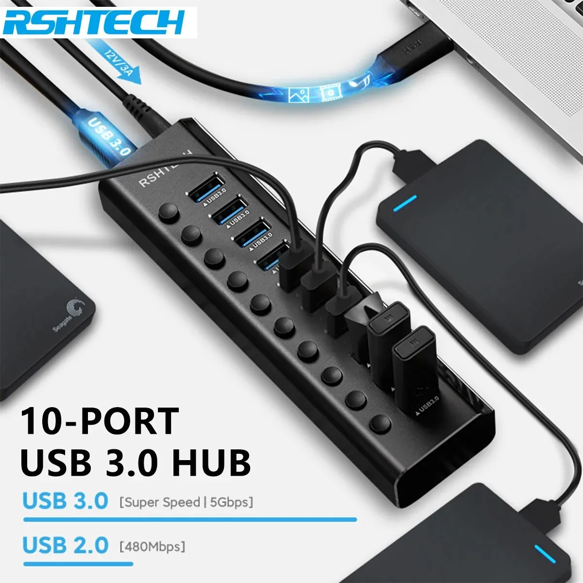Концентратор RSHTECH USB 3.0 с 10 портами 5 Гбит/с