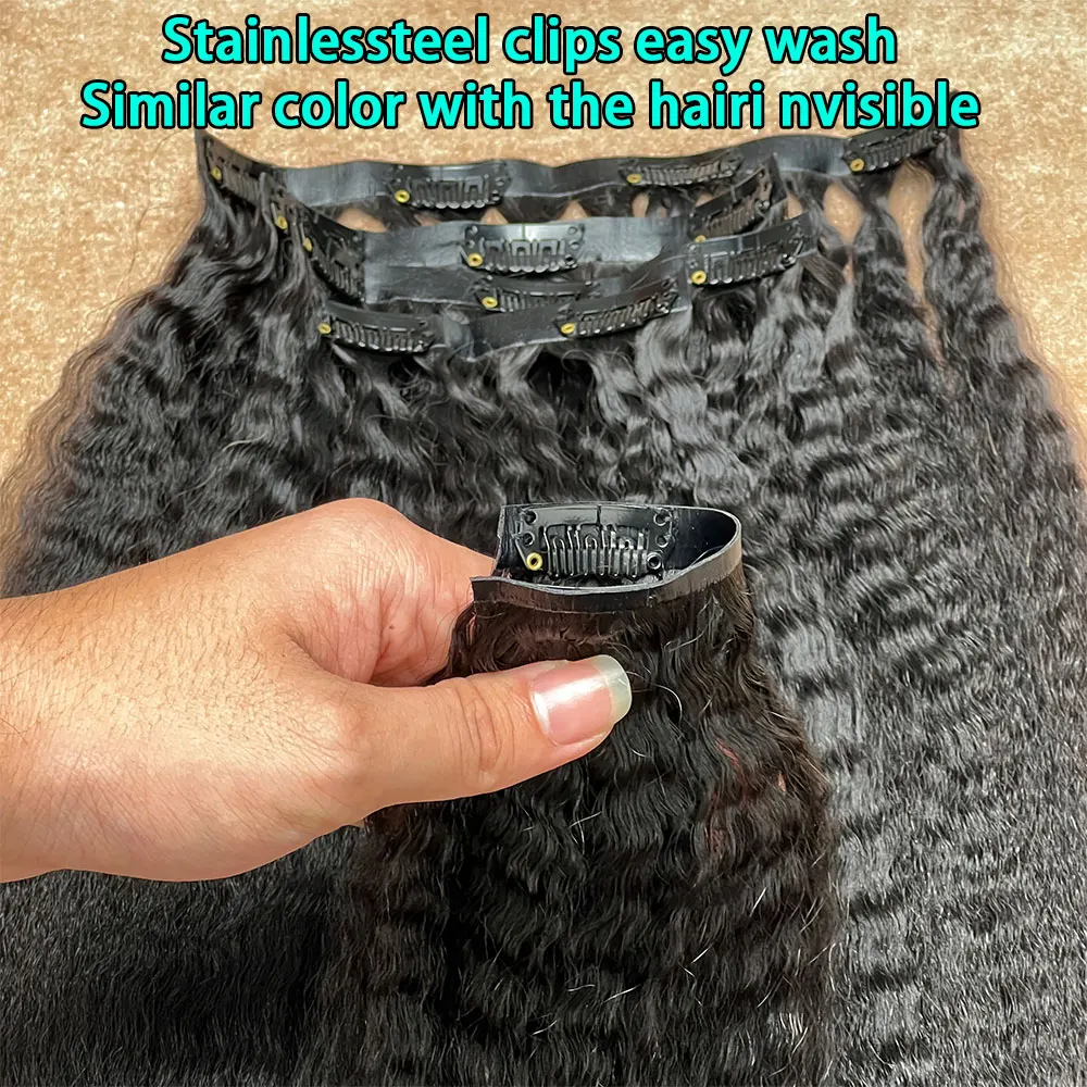 Фото Накладные прямые волосы Kinky Straight из 100% натуральных человеческих волос, натуральный цвет, 100 г, 7 шт./набор, для полной прически, для чернокожих женщин. №4
