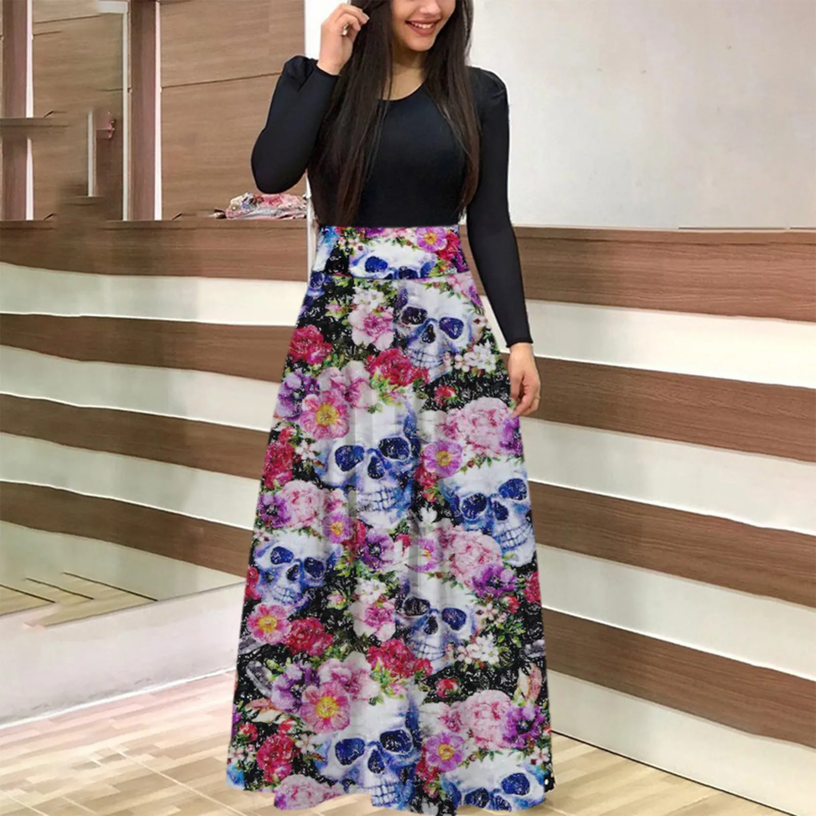 

Женское платье с длинным рукавом, круглым вырезом и принтом на Хэллоуин