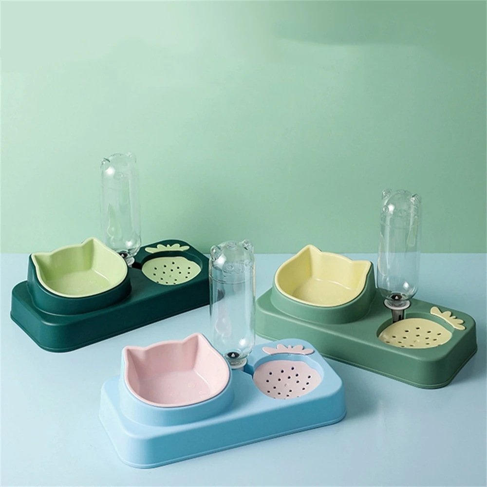 

Pet Cat Bowl Automatic Feeder 3-in-1 Dog Cat Food Bowl With Water Fountain Double Bowl Drinking Raised Stand Dish Bowls For Cats
