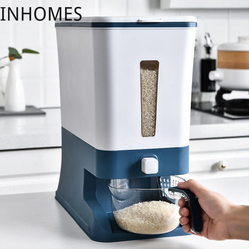 

Kitchen Home Rice Dispenser Dry Cereal Grain Bucket Plastic Sealed Sealed Pet Food Storage Container Box With Measurin Cup