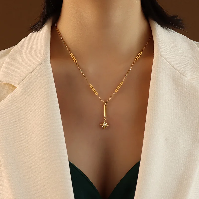 

Girls Tassel Necklace Korean Ins Style Six-star Pendant Neck Chain For Women Titanium Steel Gold-plated Jewelry Wholesale