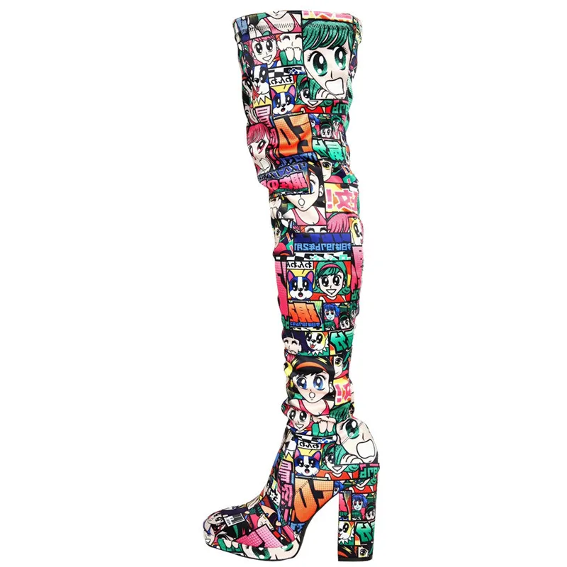 

Fashion Brand Designer Ladies Winter Boots Stretch Fabric Zipper Over The Knee Boots Sexy Print Pointed High Heels High Boots