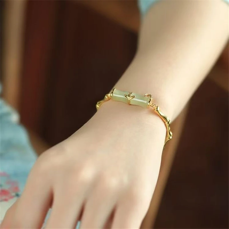 Винтажный фестивальный браслет Hetian Jade Bamboo нежный с серебряным покрытием 925