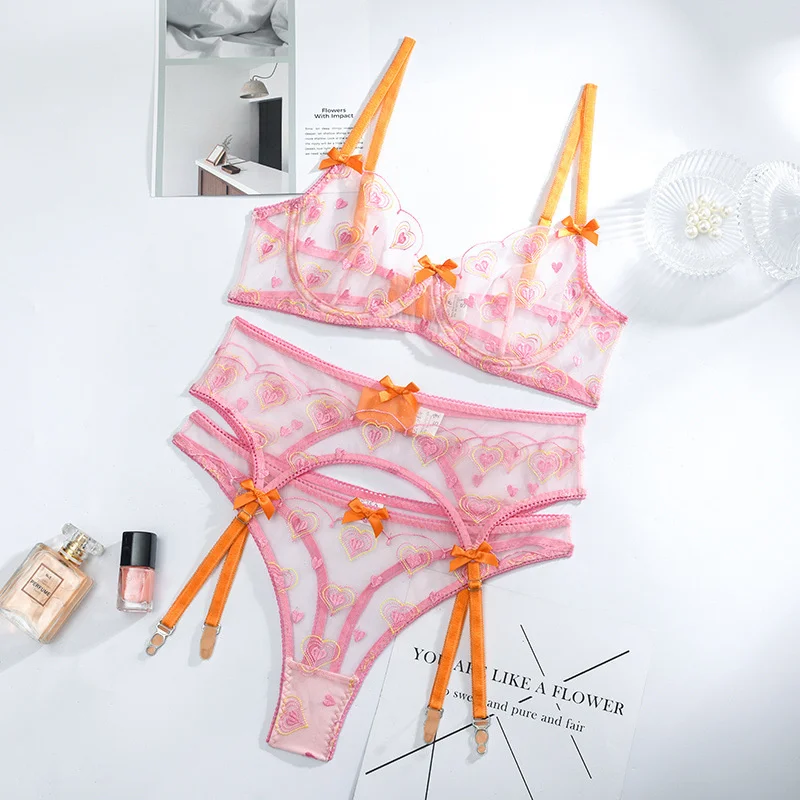 

New Pink Sexy Lingerie For Women Hot Erotic Bra+Thongs Garters Set Sleepwear Exotic Underwear Set Transparent Sexy Lace Babydoll