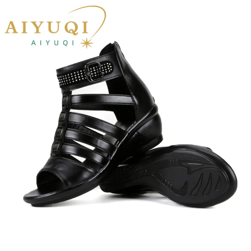 

AIYUQI women sandals 2023 summer new women genuine leather sandals large size 41 42 43 rhinestones Roman sandals ladies mother
