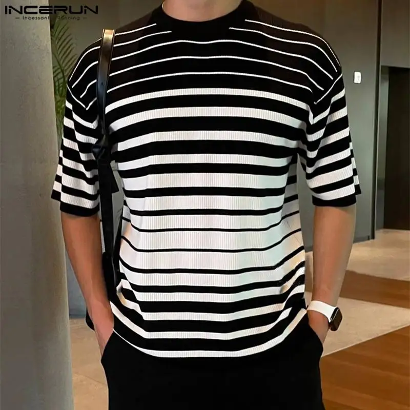 INCERUN 2024 Модные мужские градиентные полосатые трикотажные футболки в Корейском