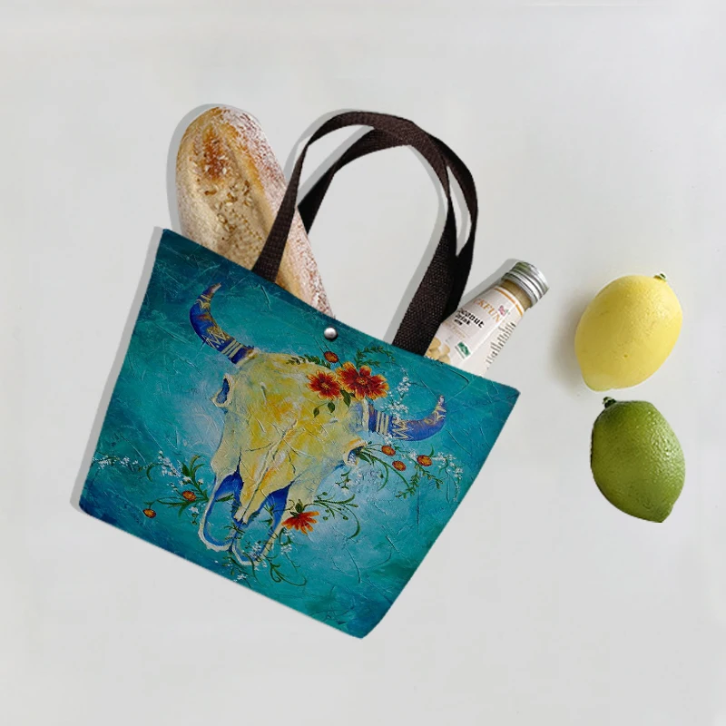 

New Arrival Floral Skull Print Women Canvas Handbag Cloth Fabric Casual Portable Lunch Bags Shopping Totes