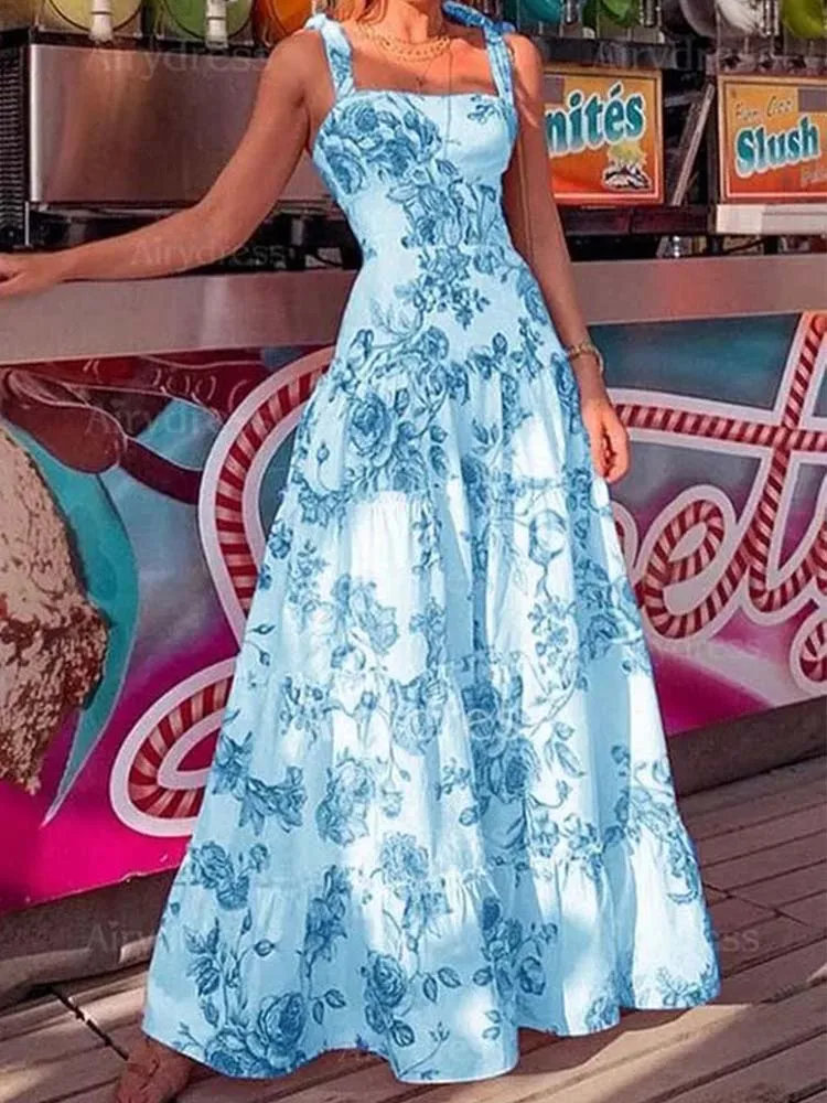 

Fashion Women Clothing Floral Print Shoulder Tie-up Long Dress Spring Sexy Sleeveless Party Dress Lady Ruffle Boho Sling Dresses
