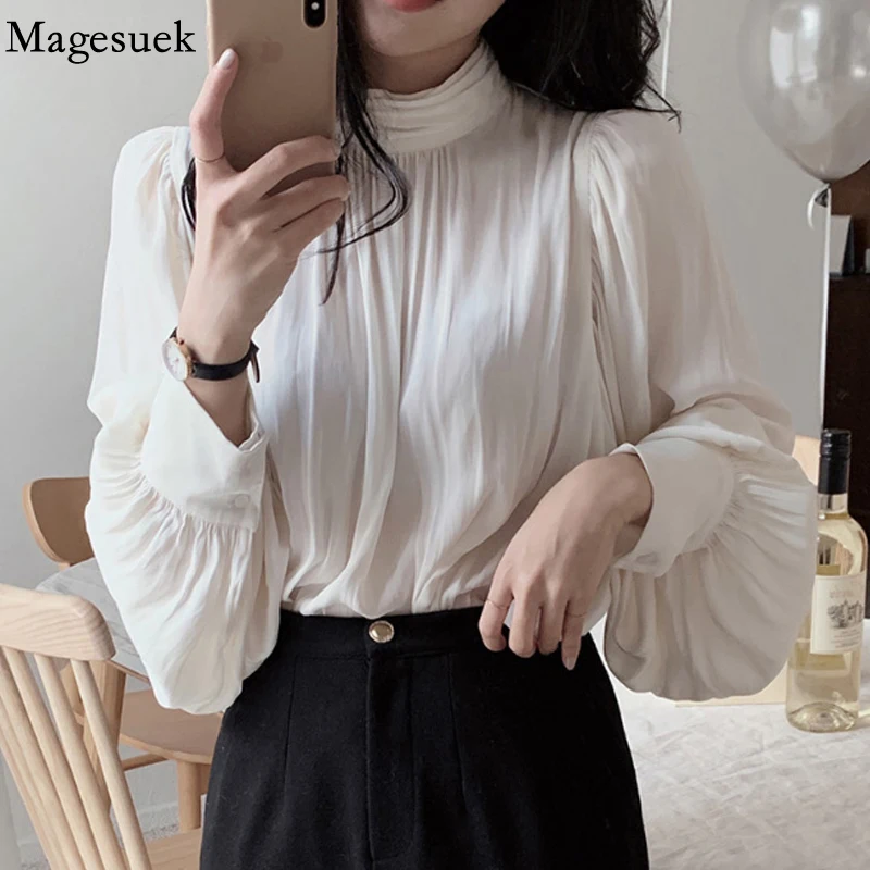 

Женская шифоновая блузка с воротником-стойкой, однотонная плиссированная блузка большого размера с длинными рукавами-фонариками, модель ...