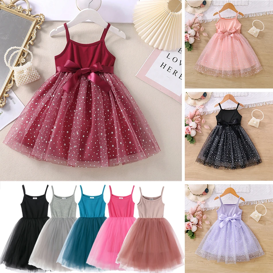 

Baby Girls Clothes Pure Cotton Mesh Dress Bow Dress Summer Clothes Casual Party Vestido Children Off-shoulder Sling Dress