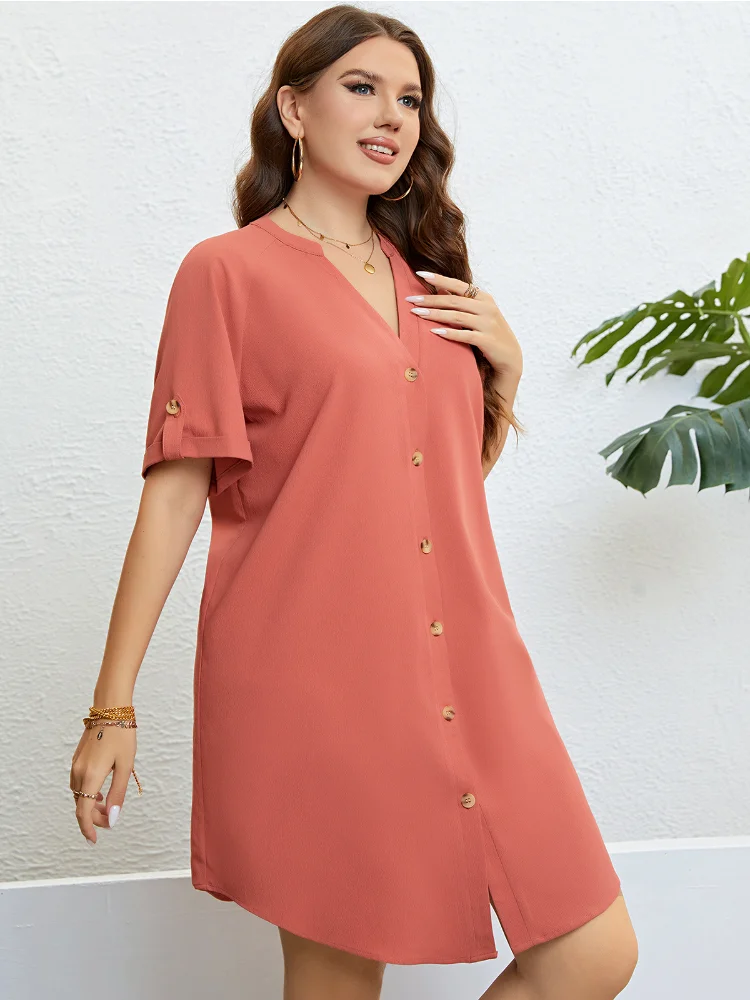 Summer V-neck button-down loose dress plus size  party dress  v neck dress