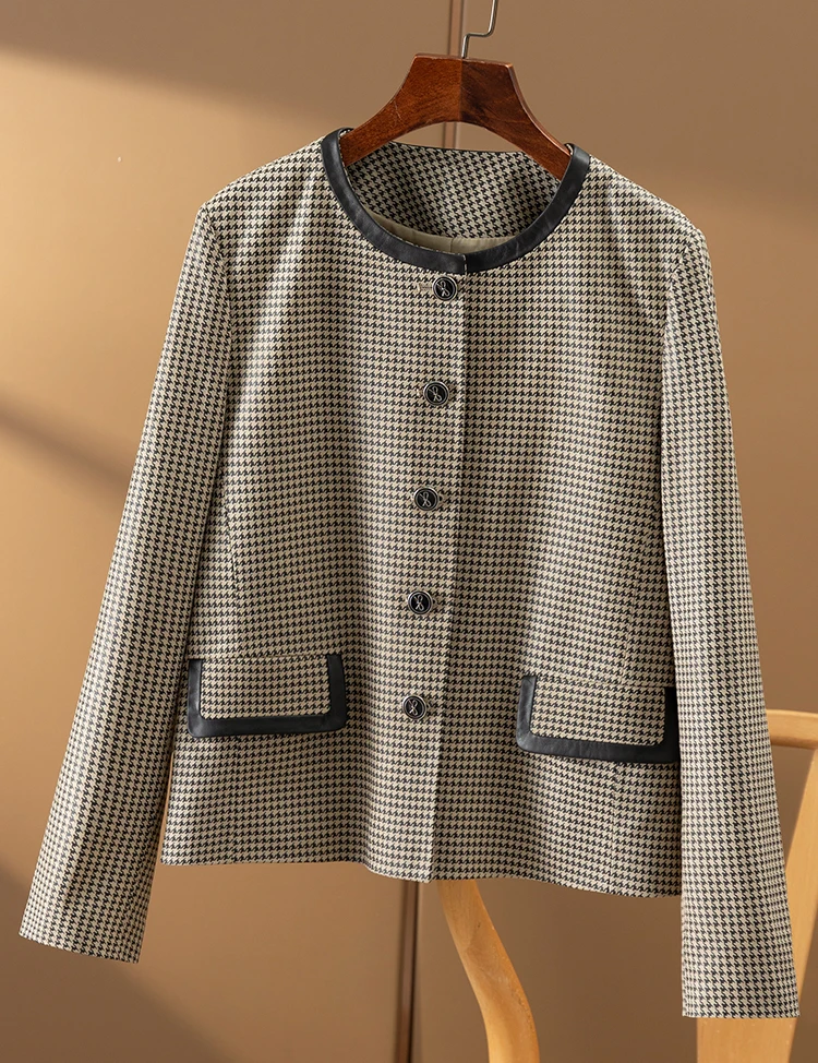 High-quality Casaco Feminino  High Street  Single Breasted Fashion Sheepskin  Spliced Genuine Leather Jacket  O-Neck