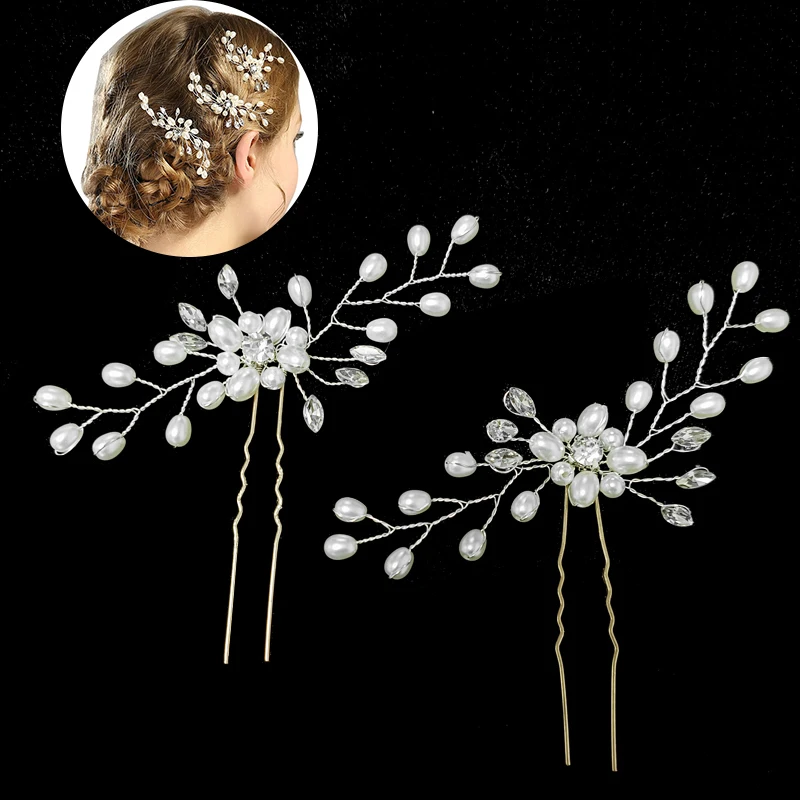 

2pcs Women Hair Accessories Floral Pearl Hair Sticks Western Wedding Headdress For Bride Handmade Wedding Crown Ornaments