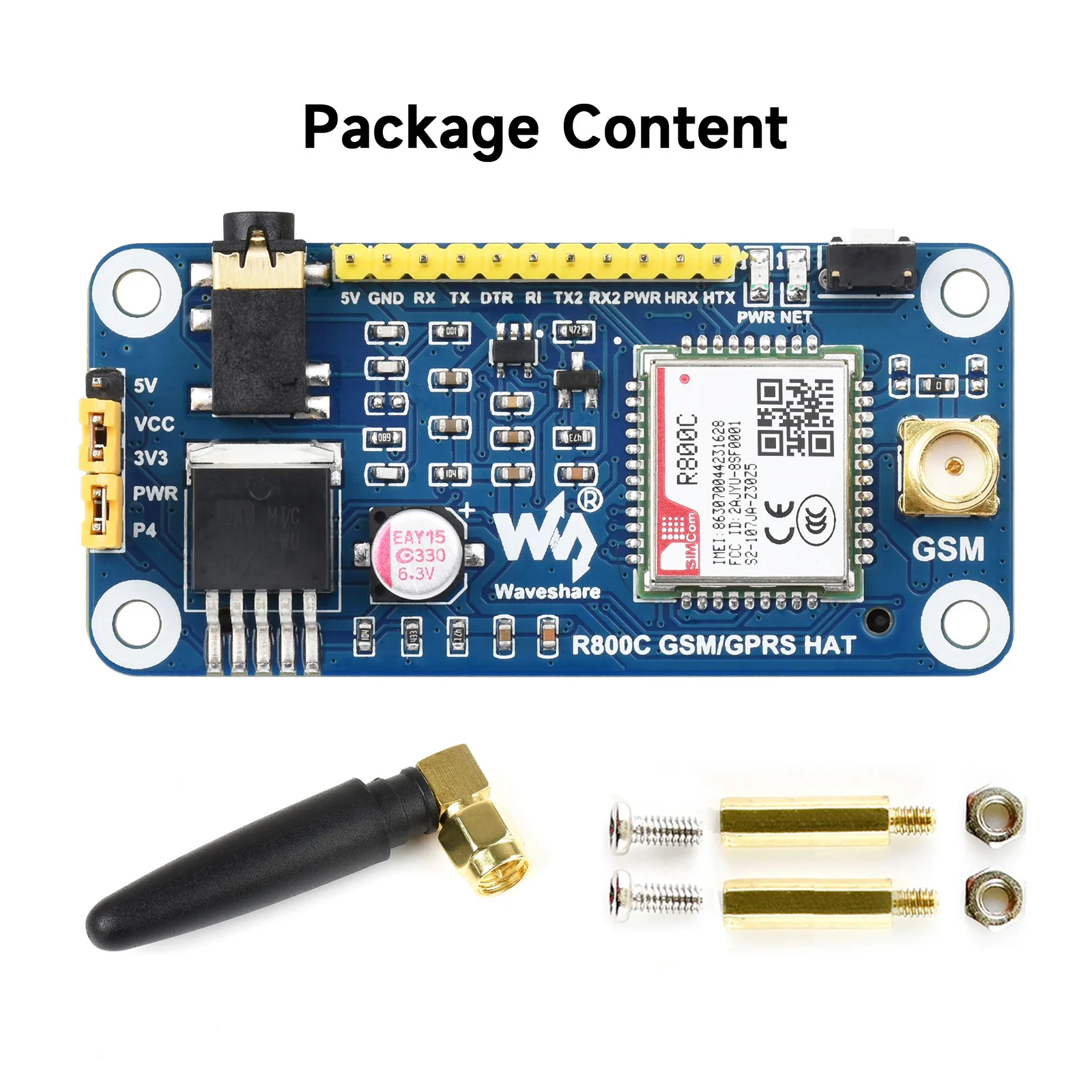 Фото Waveshare R800C GSM/GPRS HAT поддерживает SMS, телефонные звонки, GPRS, TCP/IP, DTMF, HTTP, FTP, интерфейс UART. №1