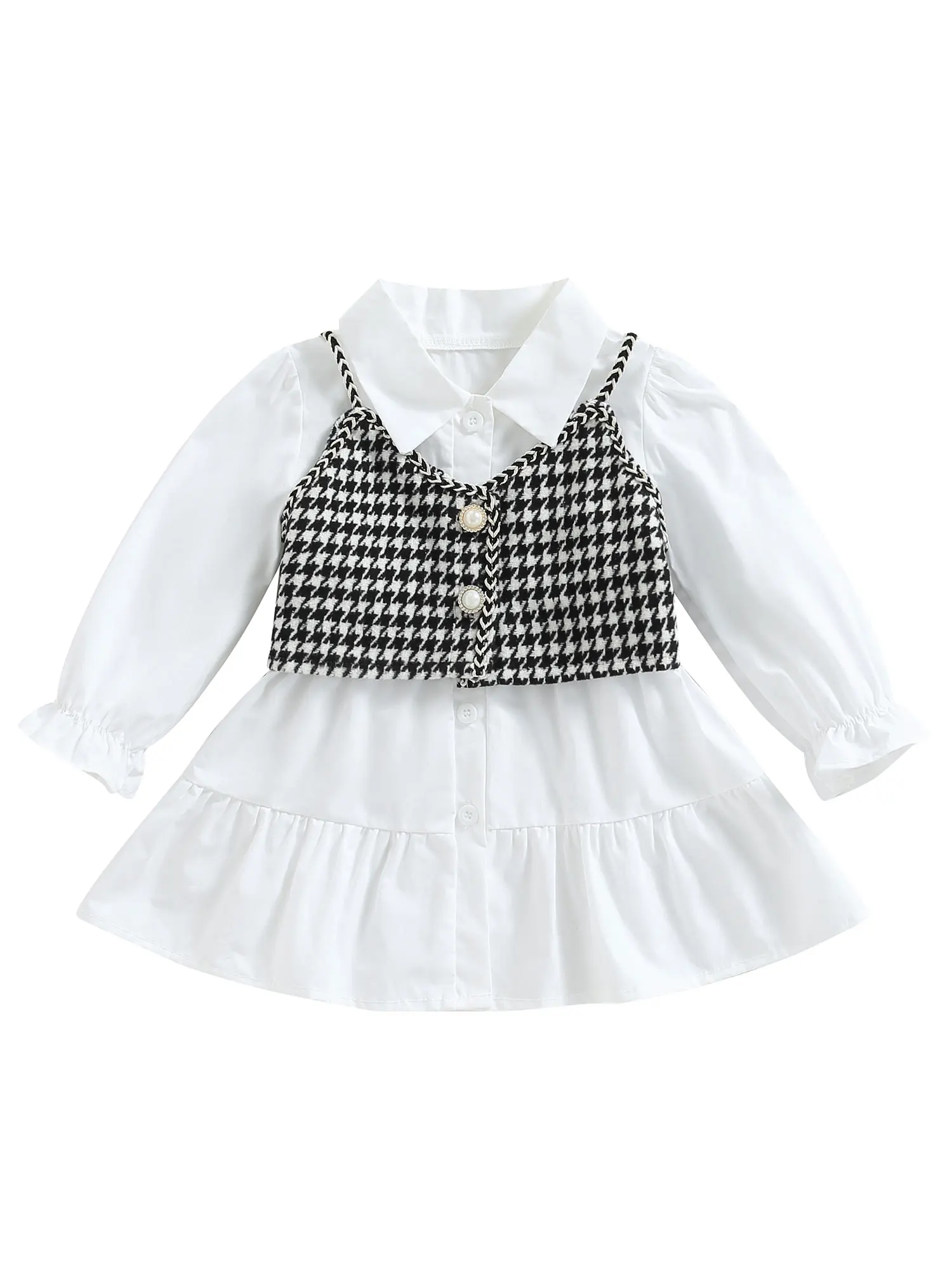

Kid Girl Summer Outfits Long Sleeve Solid Color Lapel Shirt Dress Houndstooth Cami Tops 1-6Y 2Pcs Set