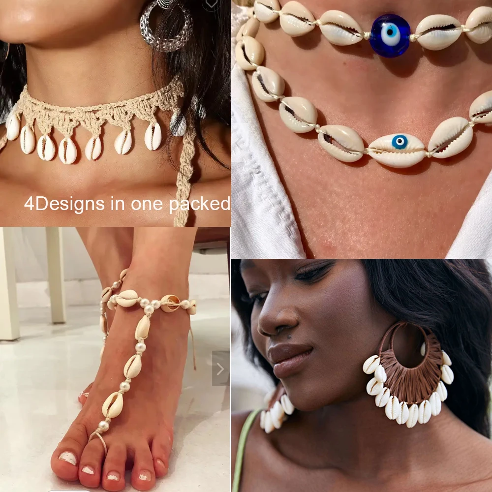 

4 Designs In One Packed, Handmade Pearl Women Braided Rope Cowrie Sea white puka Shell Foot Jewelry Anklet Bohemian