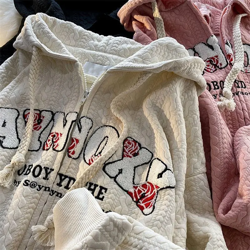 

Винтажный Модный нишевый кардиган в стиле Харадзюку, свитшот с капюшоном и надписью на молнии, женское осеннее модное Свободное пальто для пары, милый Свитшот Y2k