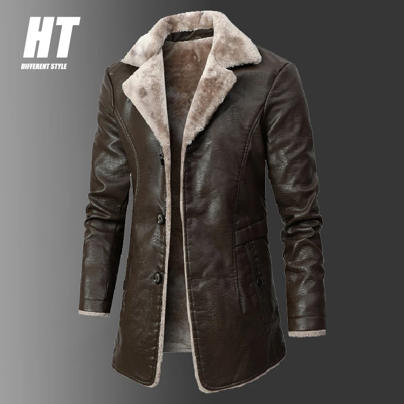 

Men Brand Thick Fleece Leather Jacket Men Mid-length Winter Fashion Vintage PU Leather Coats Men High Quality Casual Faux Jacket