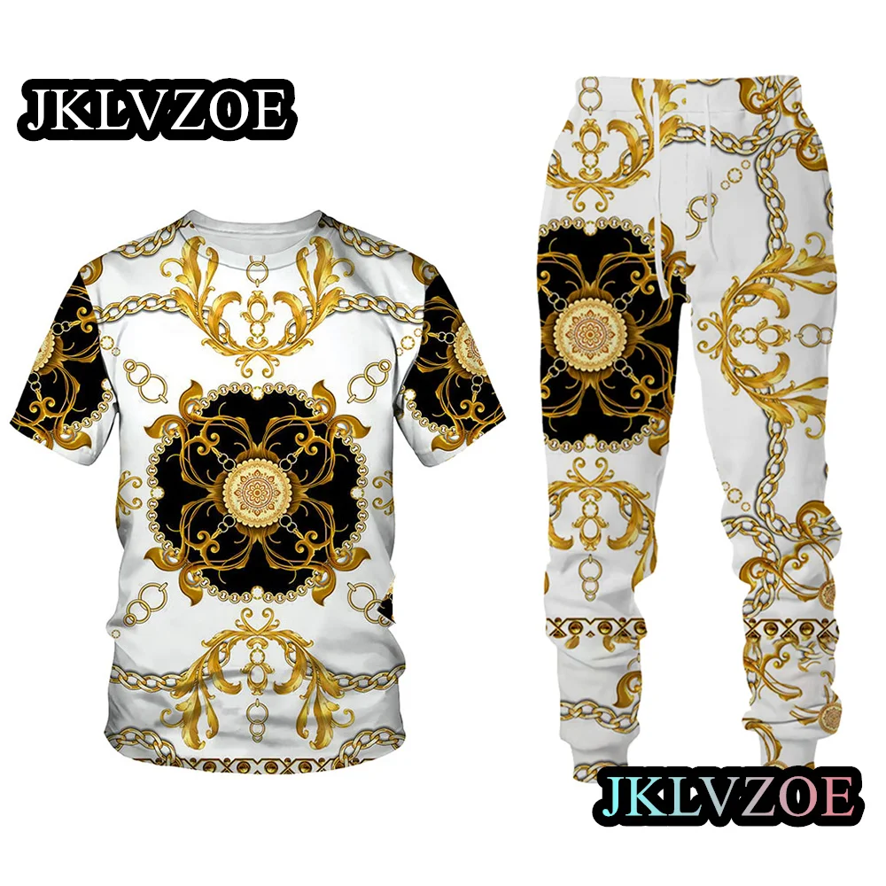 Summer Clothes for Men Set Casual Fashion Luxury Chain Series Printed Tracksuit T-Shirt Pants Set Streetwear Men's Clothing Suit