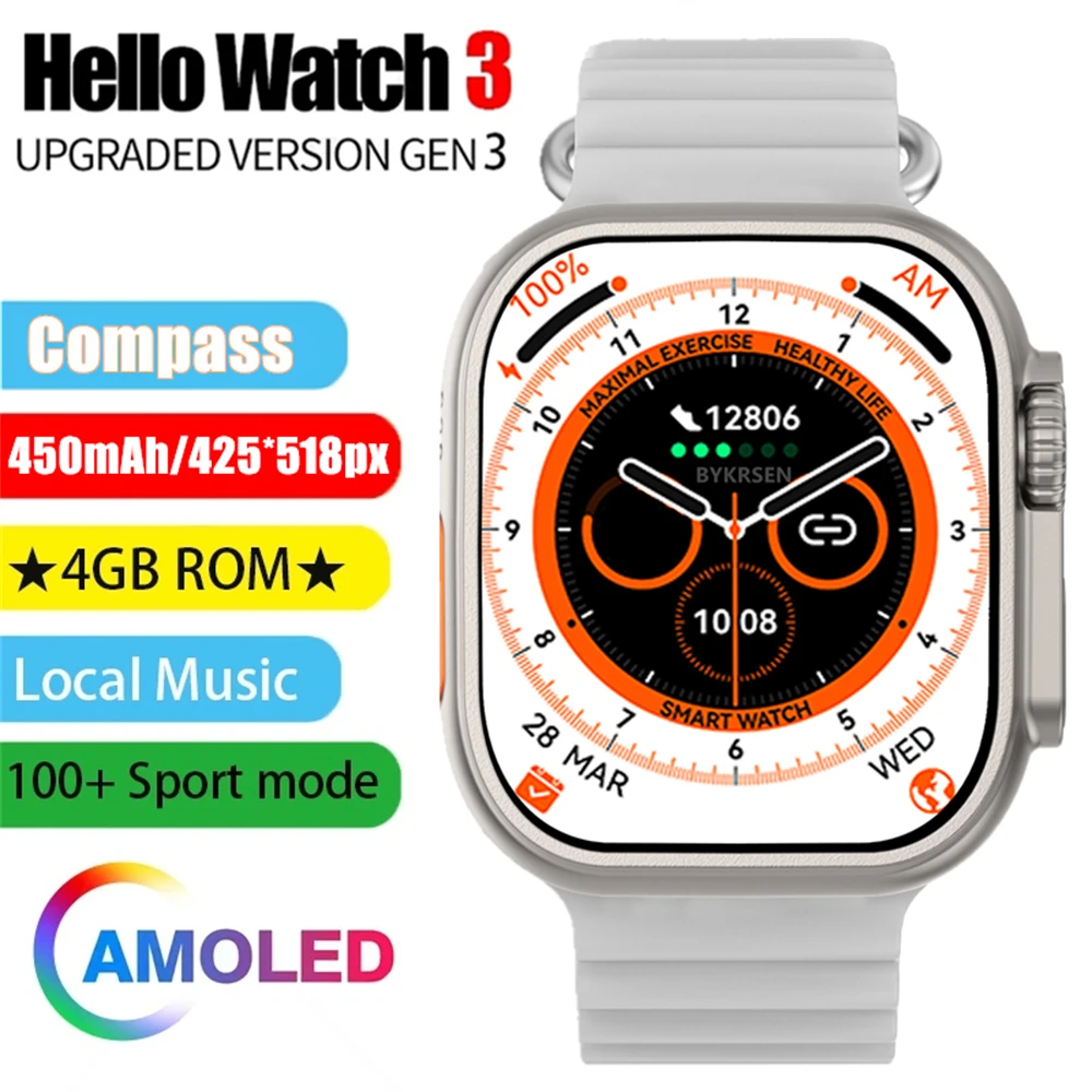 2023 Hello Watch 3 Smart Watch Ultra Series 8 49mm Compass Bluetooth Call 4GB ROM Heart Rate Monitor IWO Men Women HD Smartwatch