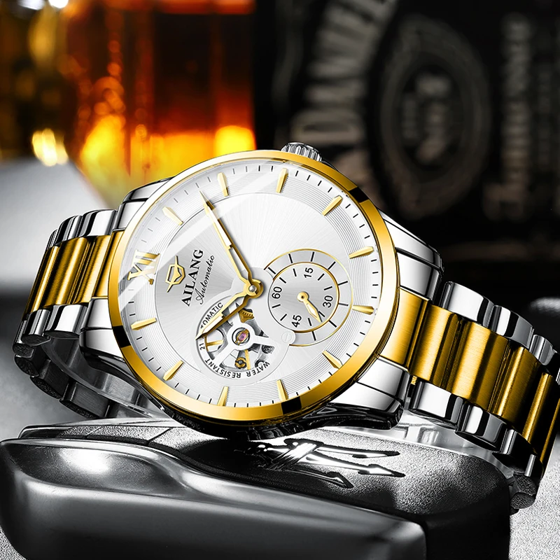 

AILANG Fashion Men's Luxury Luminous Waterproof Top Brand Business Clock Steampunk Stainless Steel Mechanical Wristwatches 8627