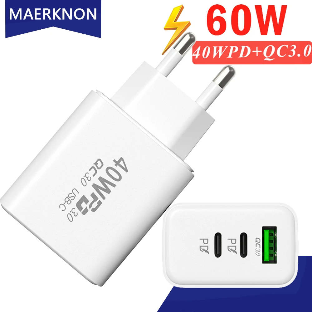 

Maerknon USB C Charger 60W Fast Charging Mobile Phone Charger For iPhone 14 Pro Xiaomi Huawei Samsung 3Ports Wall Charger QC3.0