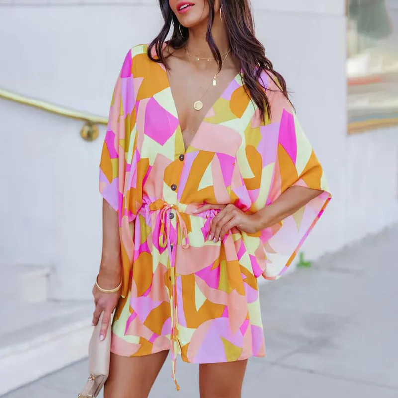 

Print Lace Up Mini Dress for Women Sexy V-Neck Casual Loose Fashion Batwing Sleeve Boho Holiday Short Dresses Woman 2022 Summer