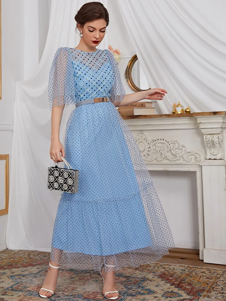 

TOLEEN Women Elegant Maxi Long Dresses 2022 Summer Luxury Belt Swiss Dot Ruffle Arabic Turkey African Evening Party Robe Vestido