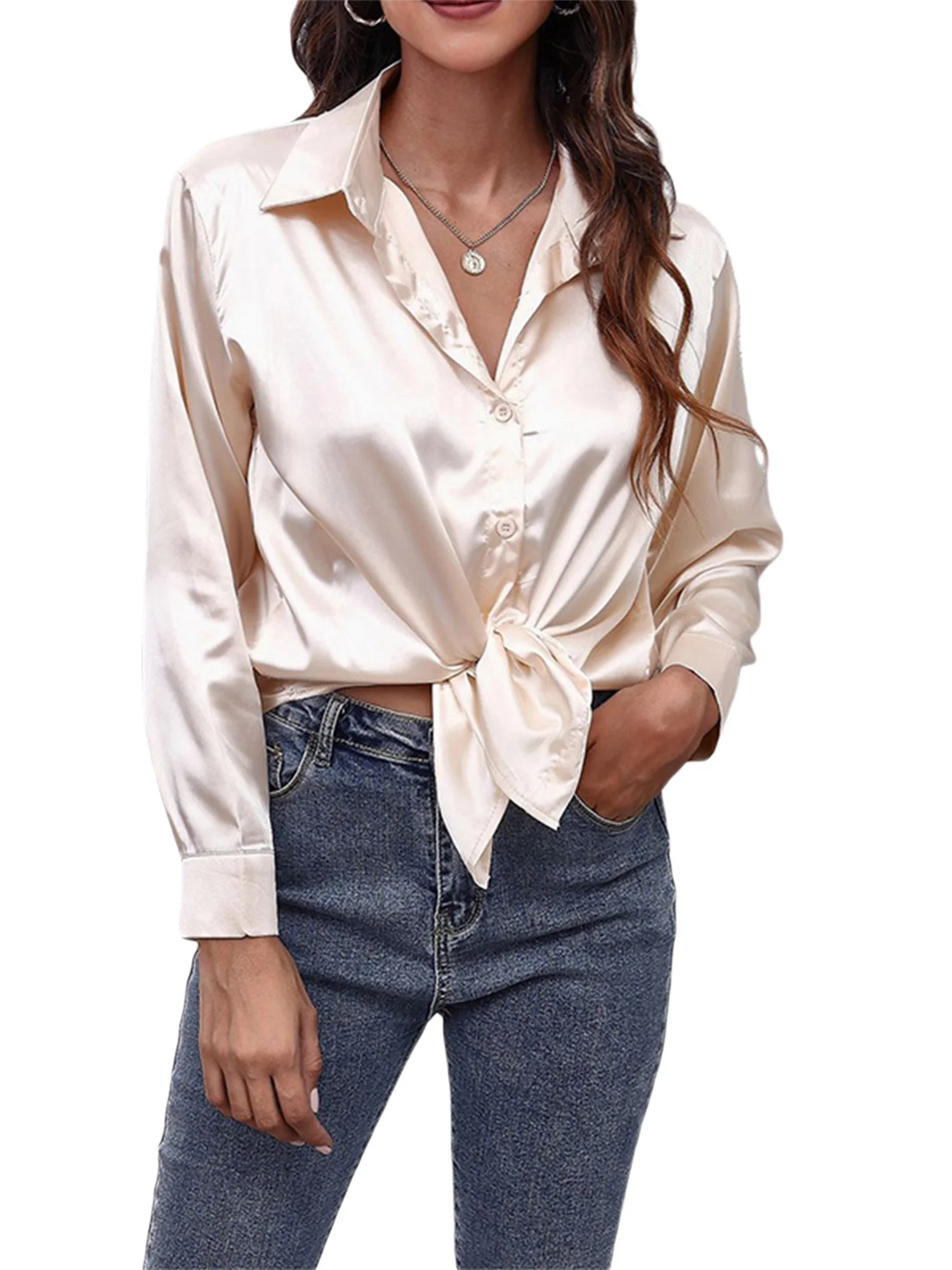 

Рубашка женская с V-образным вырезом, атласная шелковая Свободная блузка на пуговицах, с длинным рукавом, деловая повседневная одежда, топы