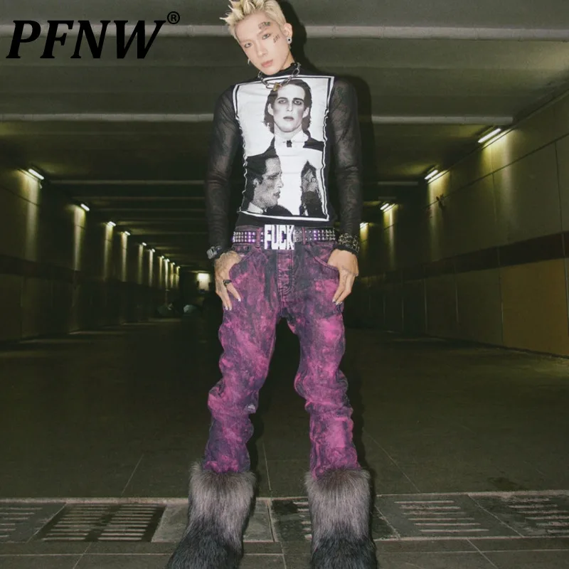 

PFNW 2023 Autumn Winter New Men's Fashion Punk Style Tie Dye Jeans Zippers Pockets Casual Loose Straight Hole Trousers 12A6528