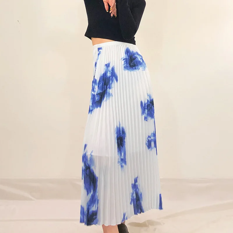 

Summer 2022 New Skirt Blue Artistic Temperament Commute Miyake Printed Small Long Skirt Pleated Pleated Skirt Skirt Y2k Clothes