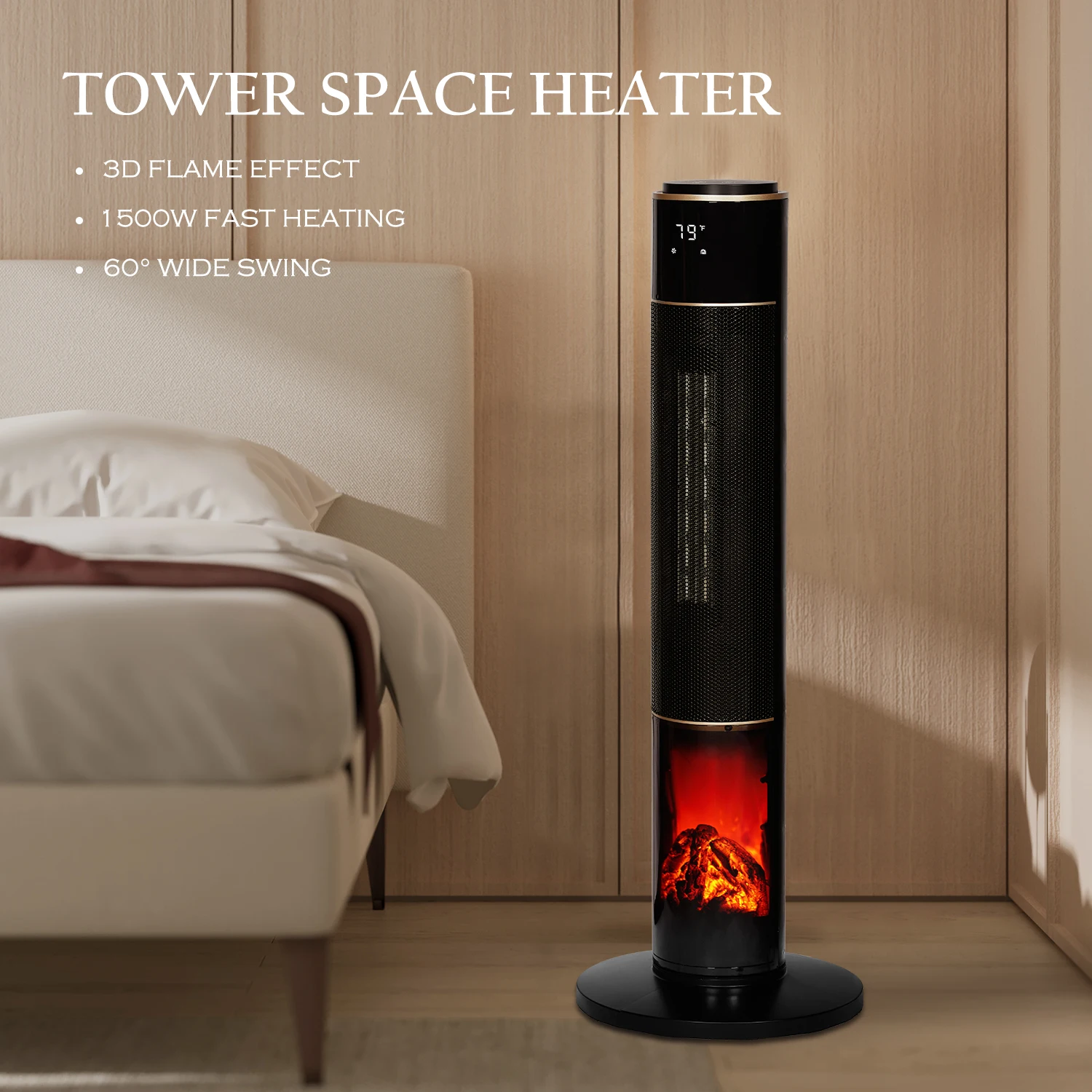 Space Heater for Large Room, Tower Heater with 3D Electric Fireplace, 1500W Ceramic Heater with Thermostat, Remote Control enlarge