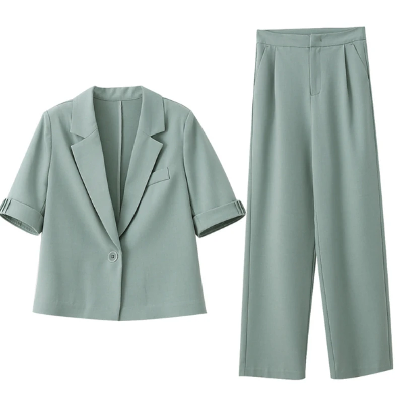 Vimly Light Green Short Blazers Suit Pant Sets for Women 2023 Summer Outfits Office Wear Straight Full Length Pant Two Piece Set